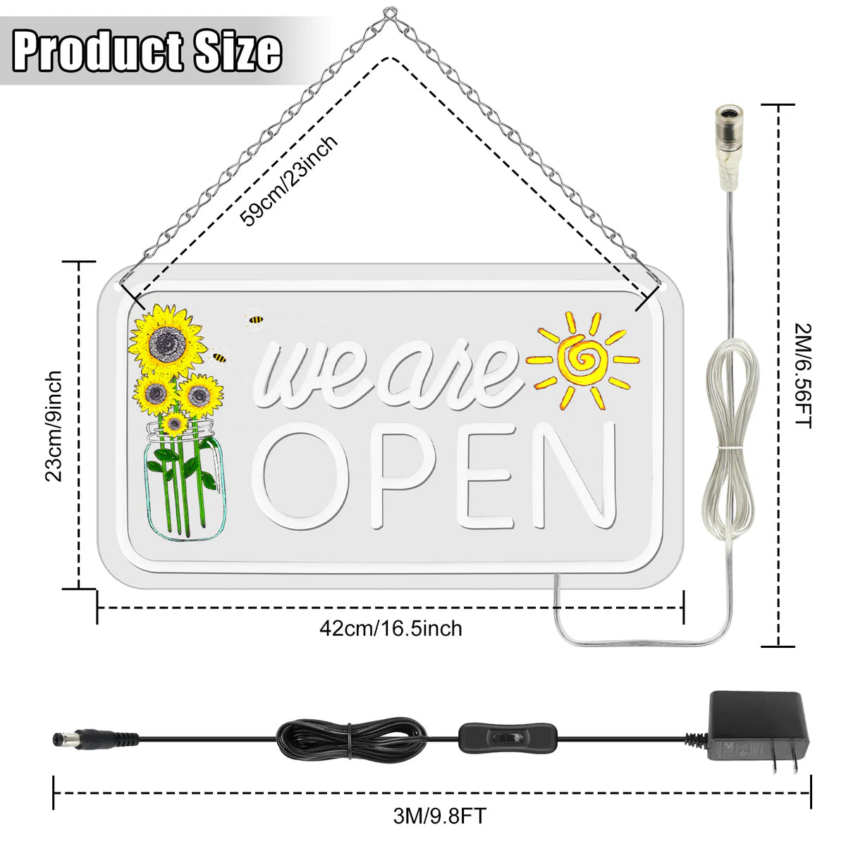 We Are Open Neon Sign with Sunflower Decor – USB Version | Warm White / Yellow & White | 17×9” / 24×13” | DC 5V LED Window Light for Business Decor
