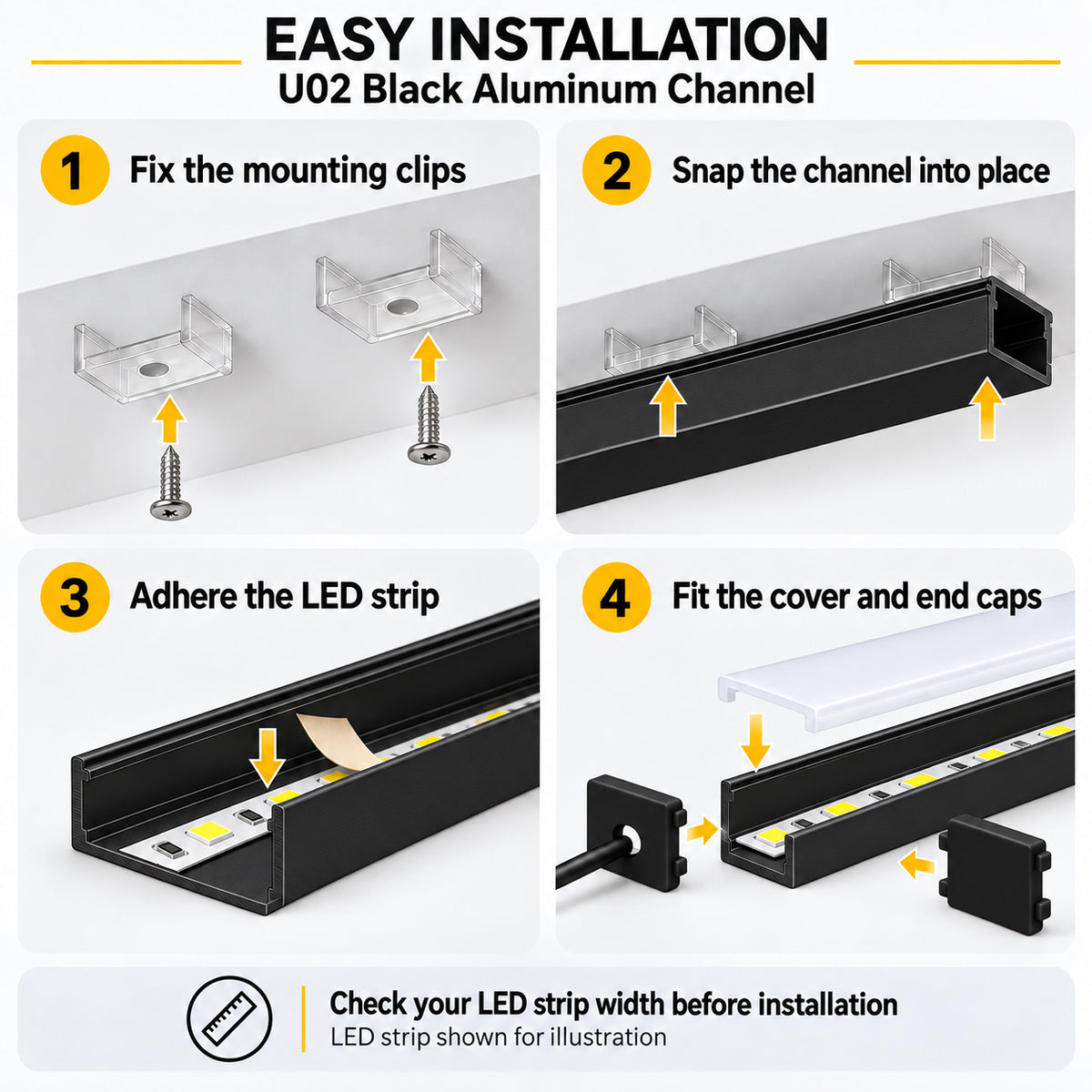 Silbernes U02 9 x 17 mm U-förmiges Innenprofil, Breite 12 mm, LED-Aluminium-Kanalsystem mit Abdeckung, Endkappen und Befestigungsclips für die Installation von LED-Lichtstreifen