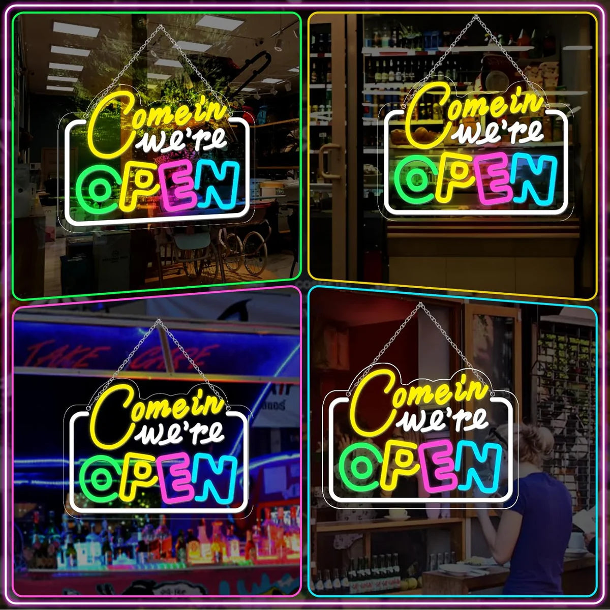 Come in We’re Open Neon Sign – Multicolor Glow | 15.7×11.8 inch (40×30 cm) | Window Hanging Business Sign | Plug & Play
