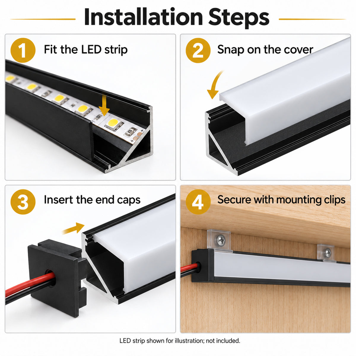 Black V01 16x16mm V-Shape Corner-Mount LED Aluminum Channel, 12mm Inner Width, with Cover, End Caps & Mounting Clips