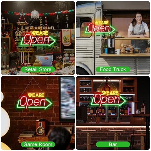 WE ARE OPEN Integrated LED shop signs – USB Powered | 16.1×7.8 inch | Arrow Shape LED Window Sign | Yellow + Red + Green Glow for Cafes, Restaurants & Retail Shops