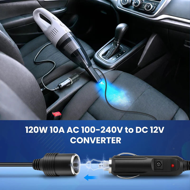 Cigarette Lighter Desktop Power Supply Adapter DC 12V 60W–120W, AC 100–240V Input Converter Transformer with US/UK Plug for Car Accessories, Air Pump, Cooler, Electronics