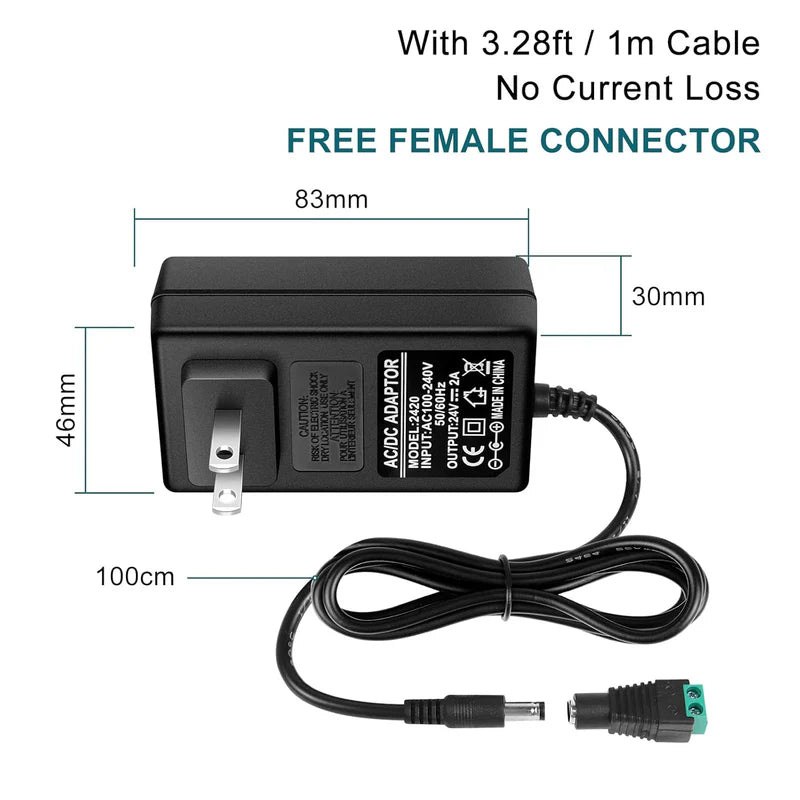 Power Supply Adapter DC 24V 48W–72W, AC 100–240V Switching Transformer LED Driver Wall Plug Charger with US Plug, Black Case for LED Strip Lights and Electronics