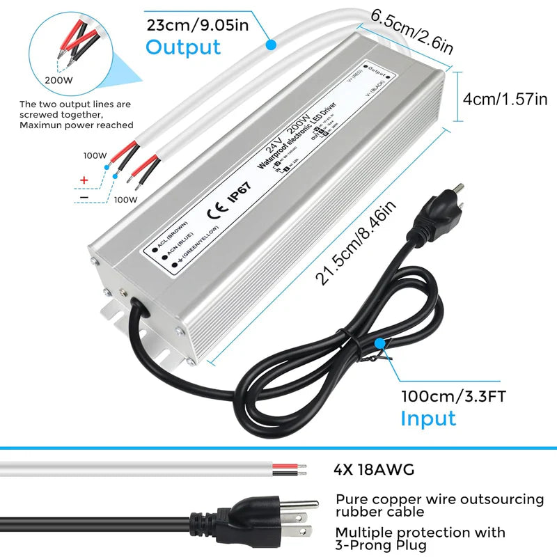 24V Waterproof LED Transformer – 200W–500W Outdoor LED Driver, 90–140V AC Input, Single or Dual Wire Output, CE/RoHS/FCC Certified, US Plug & Wire Lead Options