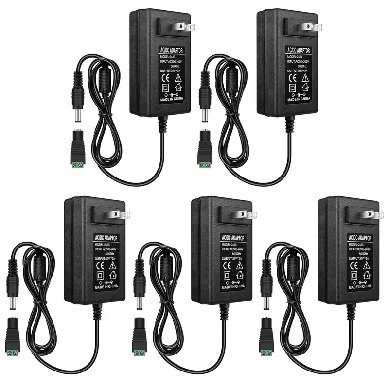 Power Supply Adapter DC 24V 48W–72W, AC 100–240V Switching Transformer LED Driver Wall Plug Charger with US Plug, Black Case for LED Strip Lights and Electronics
