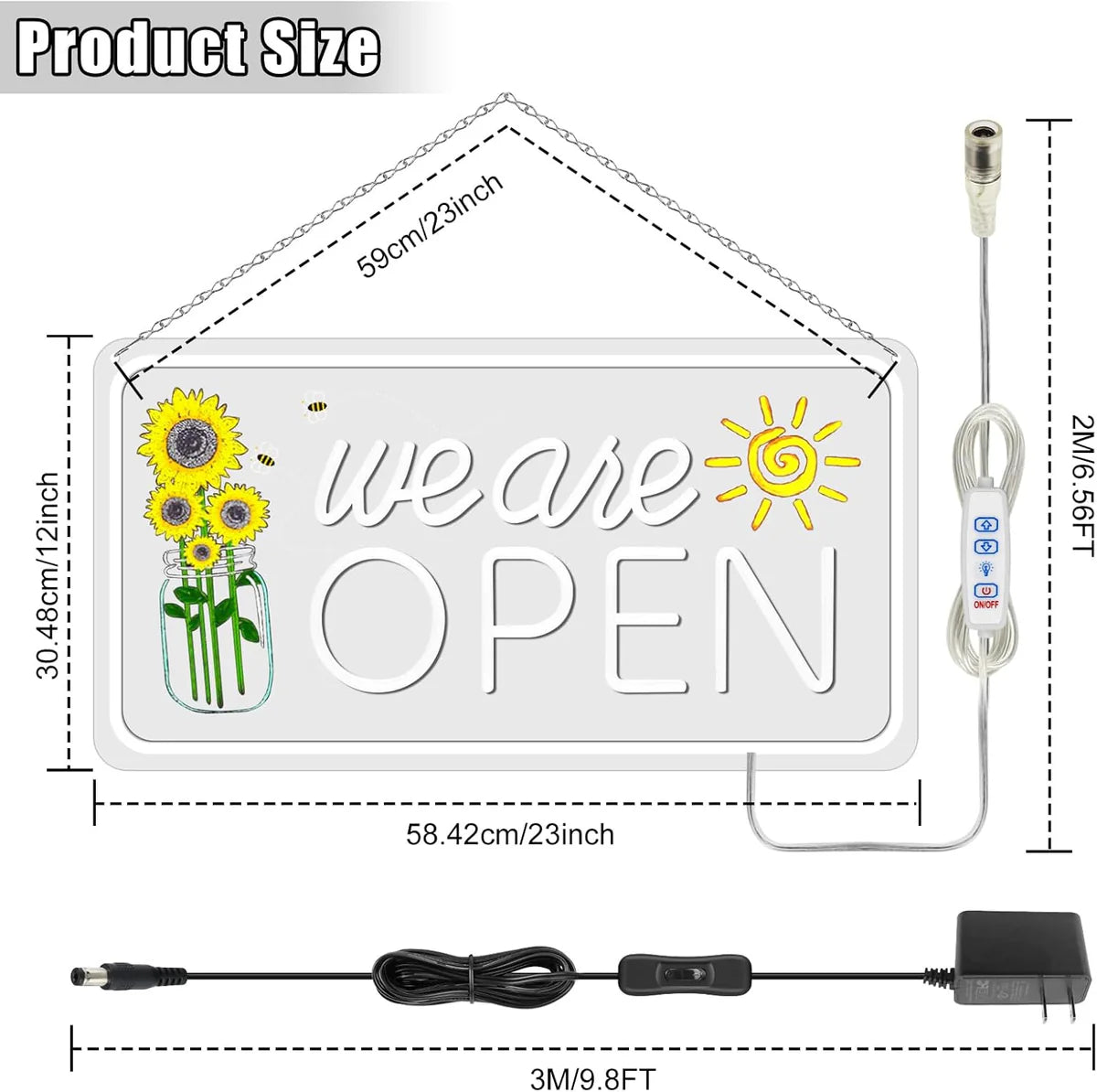 We Are Open Neon Sign with Sunflower Decor – USB Version | Warm White / Yellow & White | 17×9” / 24×13” | DC 5V LED Window Light for Business Decor