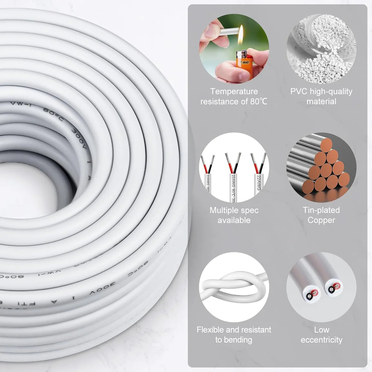 22 AWG 2/3/4/5 Conductor Black/White PVC Insulated Copper Cable – Multi-Core Flexible Wire for LED Installation – 10m (33ft)