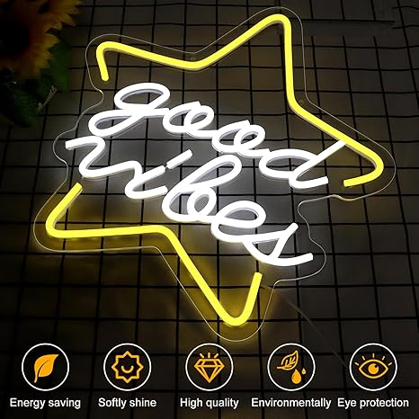 Star Good Vibes Neon Sign for Game Room Decor, 15.7*15.7'' Light Up Neon Lights Powered by USB with ON/OFF Switch, Man Cave, Kids Room,Super Star Gaming Wall Decor Gamer Gifts for Boys, Kid, Monther's Day(White)