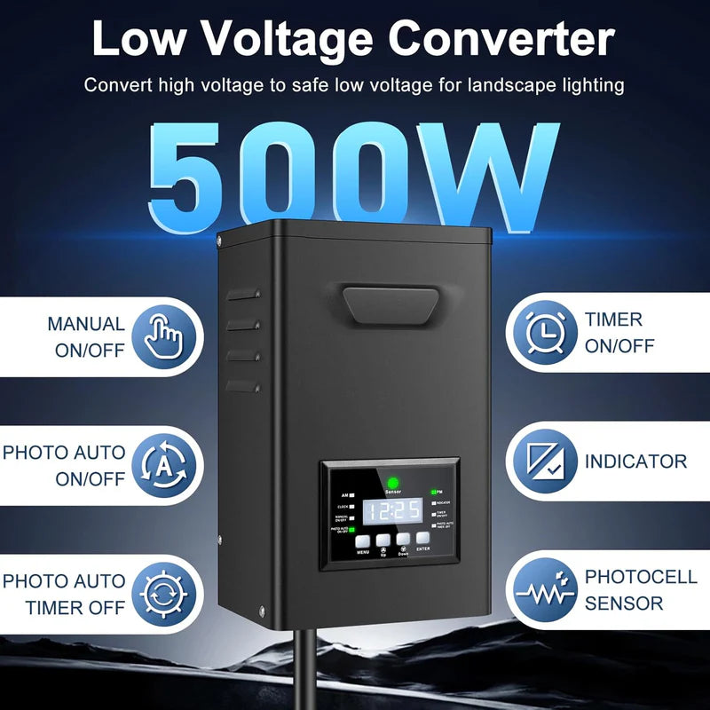 High-Capacity Low Voltage Landscape Lighting Transformer 500W / 600W – Outdoor 120V AC to 12V/15V AC Power Supply with LCD Display, Timer & Photocell Sensor for Large Garden and Yard Lighting