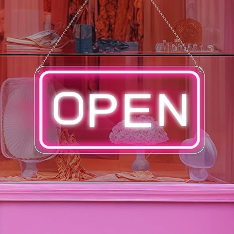 OPEN COB LED shop signs – Pink + White Glow | 22.8 × 11.8 inch (58 × 30 cm) | Horizontal / Vertical Style | 12V Powered Dimmable Window Hanging Light with US Plug for Cafes, Restaurants & Retail Shops