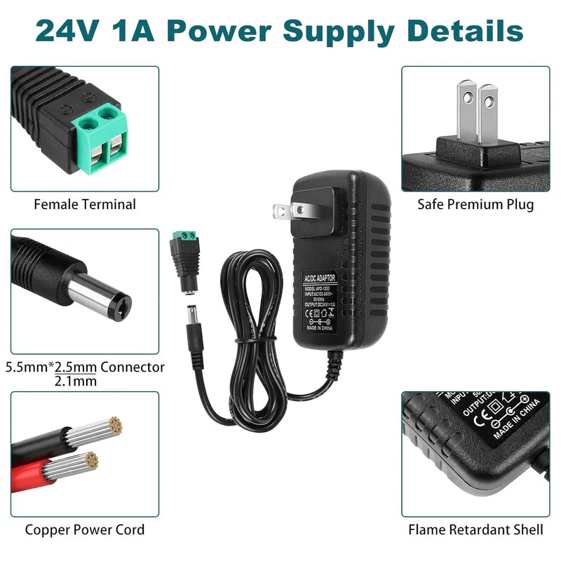 Power Adapter DC 24V 24W, AC 100–240V to 24V Wall Plug Power Supply with US Plug, Black Case for LED Lighting and Electronics