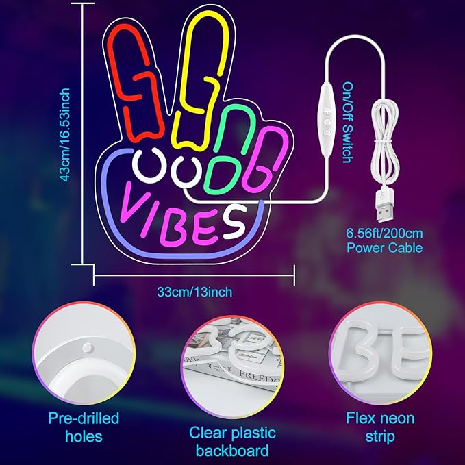 Good Vibes Neon Sign, Yeah Good Vibes Neon Sign for Wall Decor, Dimmable USB-Powered Sign with ON/OFF Switch, Colorful LED Light-Up Sign for Bedroom, Nursery, Club, Bar, and Party Decor