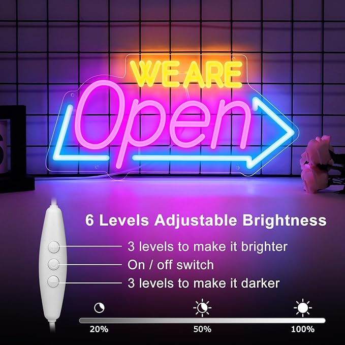 16.1"X 7.8" LED Neon WE ARE Open Sign, Dimmable Open Signs for Business, Bright Blue&Pink&Yellow Neon Open Sign Powered by USB, LED Sign for Coffee Shop Bar Salon Restaurant Pubs