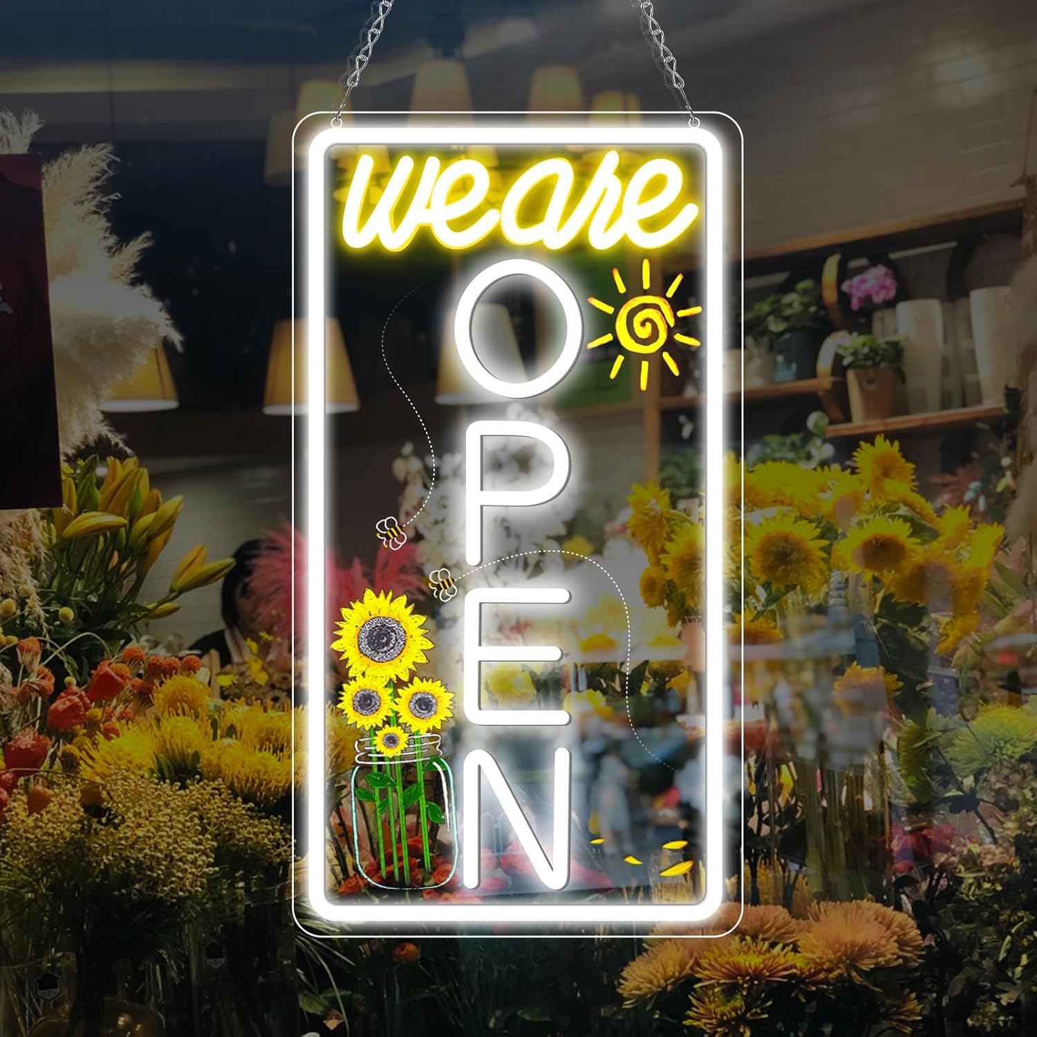 We Are Open Vertical Silicone LED shop signs – Warm White / Neutral White | 16.5 × 9 inch |Window Hanging | Plug & Play for Cafes, Restaurants & Retail Shops