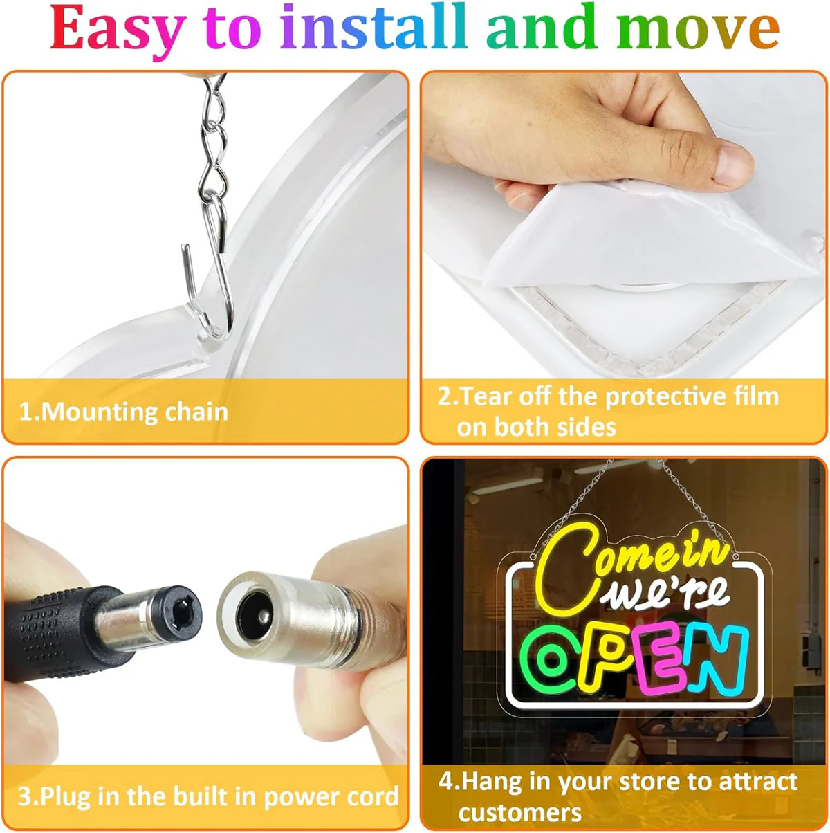 Come in We’re Open Neon Sign – Multicolor Glow | 15.7×11.8 inch (40×30 cm) | Window Hanging Business Sign | Plug & Play