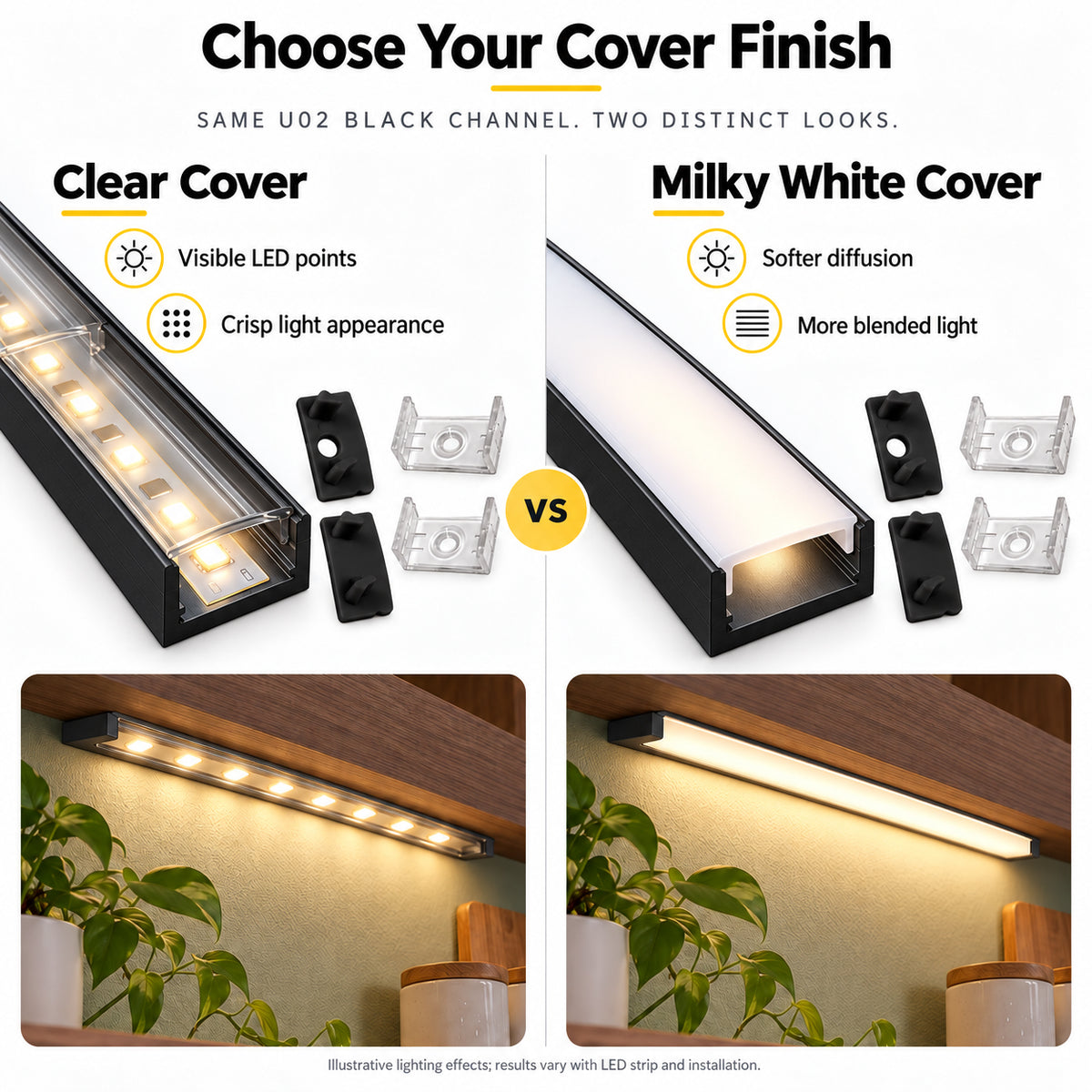 Silbernes U02 9 x 17 mm U-förmiges Innenprofil, Breite 12 mm, LED-Aluminium-Kanalsystem mit Abdeckung, Endkappen und Befestigungsclips für die Installation von LED-Lichtstreifen