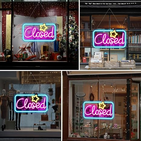 Closed Silicone LED shop signs – Ice Blue & Pink Glow + Yellow Star | 16.5 × 9 inch | Window Hanging | Plug & Play for Store Entrances, Retail Shops & Business Locations