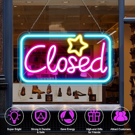 Closed Silicone LED shop signs – Ice Blue & Pink Glow + Yellow Star | 16.5 × 9 inch | Window Hanging | Plug & Play for Store Entrances, Retail Shops & Business Locations