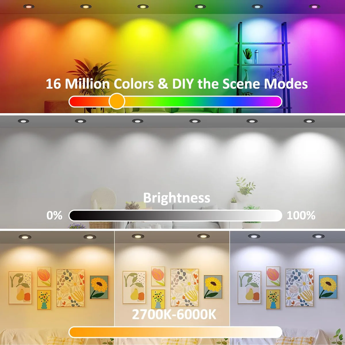 Smart RGB Downlight – COB WiFi Recessed Lighting, 2 Inch 5W, Dimmable RGB + CCT 2700–6500K, Works with Alexa & Google, 100–240V, Black Housing, 4 / 6 / 10 / 12 Pack Options