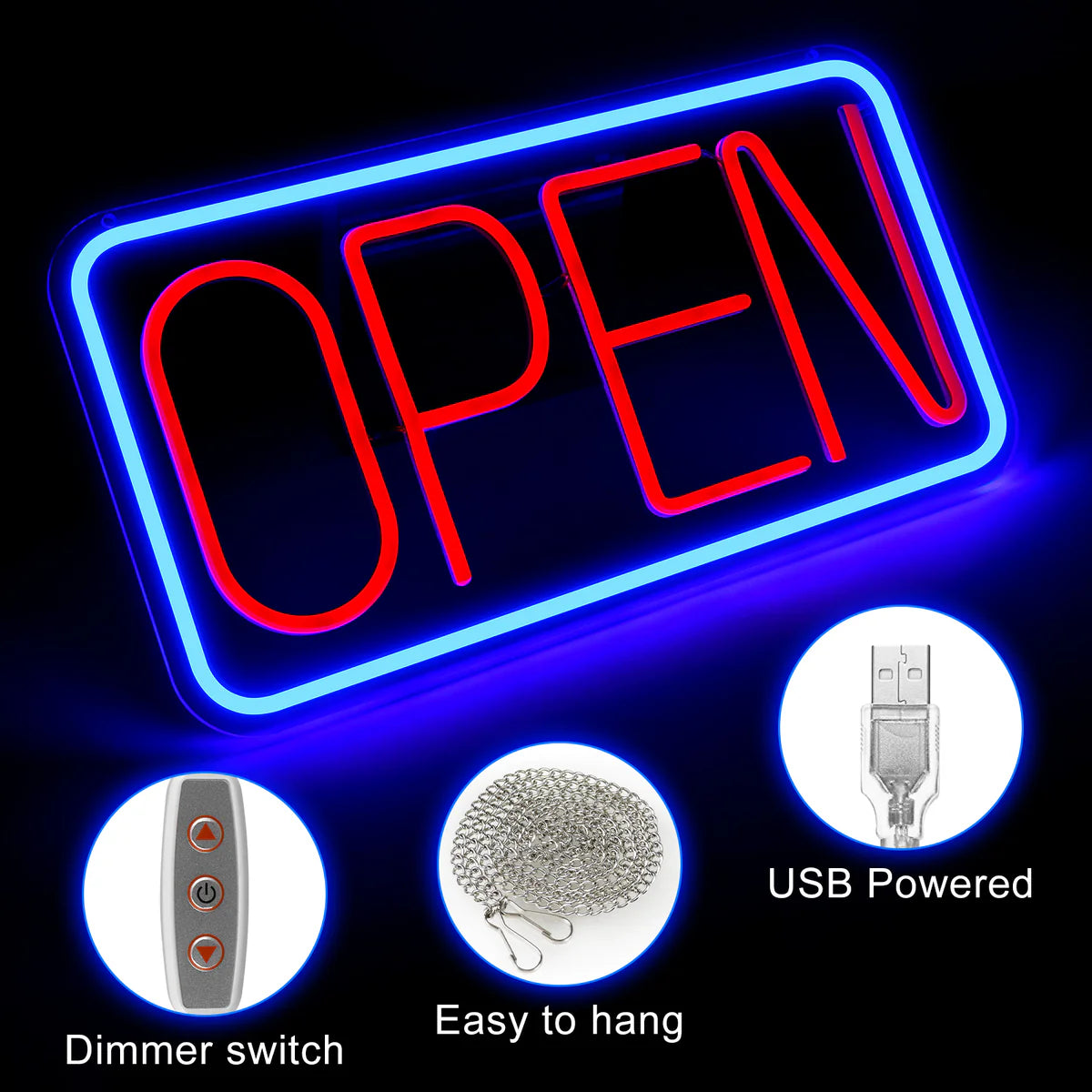 OPEN Neon Sign – 6 Color Options | USB Powered | 17×9 inch (44×24 cm) | LED Window Hanging Light for Storefronts