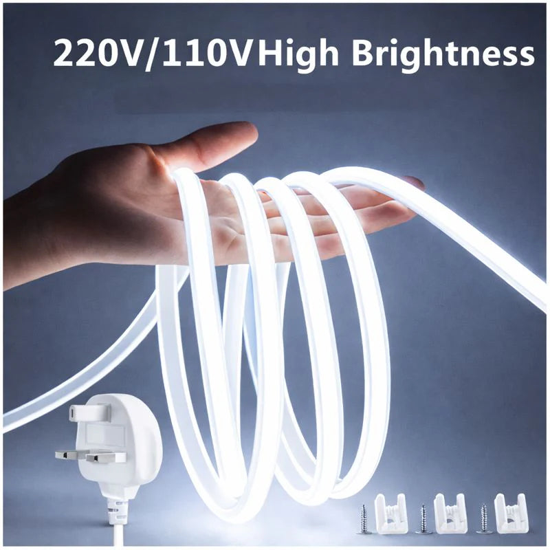 LightingWill AC110V/220V COB Flexible LED Strip Light 3000K/6500K, IP65 Waterproof High Brightness Spotless LED Tape with Inline Power Switch, for Cabinets, Kitchen and Office Lighting, US/EU Plug, 5/50M