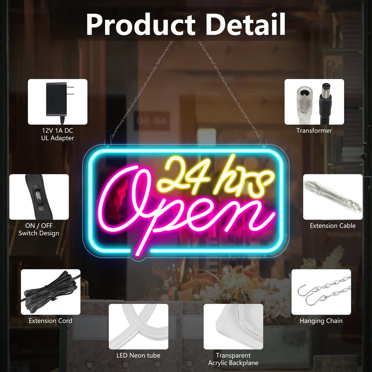 24hrs Open Neon Sign – 16×9 inch (40×23 cm) | Ice Blue, Yellow & Purple Glow | Window Hanging Light for 24 Hour Stores Plug & Play