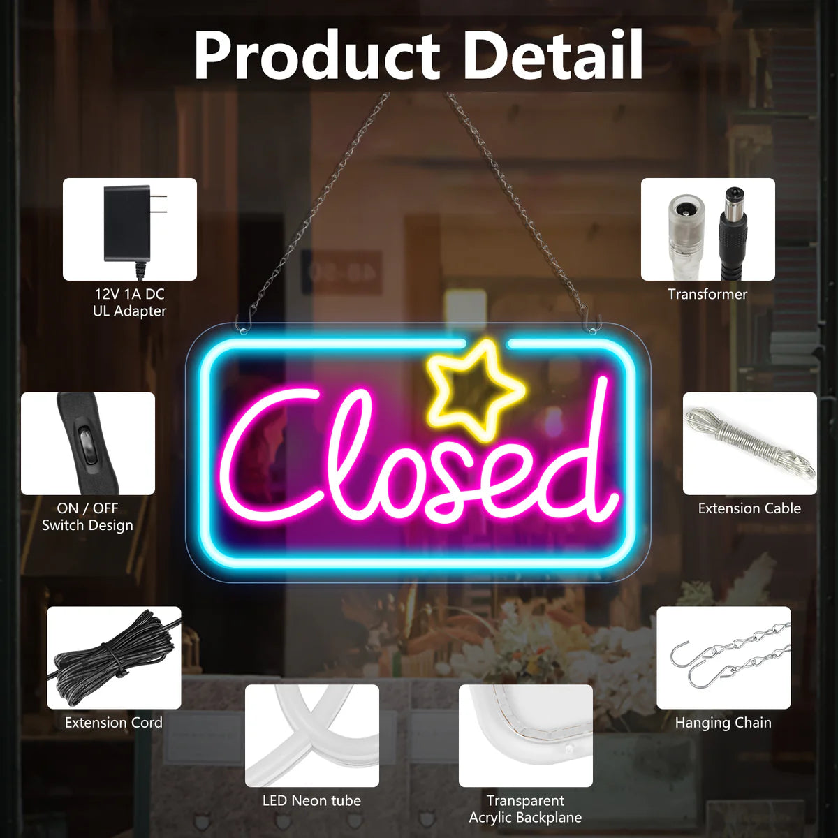 Closed Neon Sign – 17×9 inch (42×23 cm) | Ice Blue & Pink Glow + Yellow Star | Window Hanging | Plug & Play for Storefronts