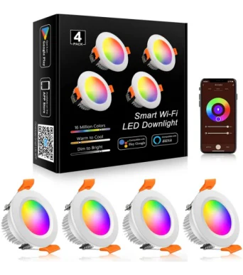 Smart RGB Downlight – WiFi Recessed Lighting, 2 Inch 5W, Dimmable RGB + CCT 2700–6500K, Works with Alexa & Google, 100–240V, White Housing, 4 / 6 / 10 Pack Options