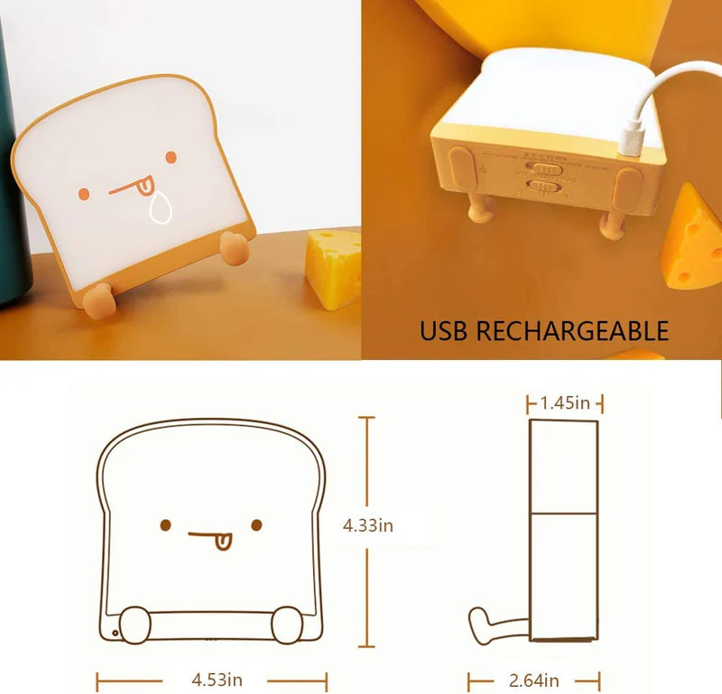 LightingWill Toast Bread LED Night Light Rechargeable Bedside Nursery Lamp with Phone Stand Cute Sleep Light for Kids Bedroom Decor