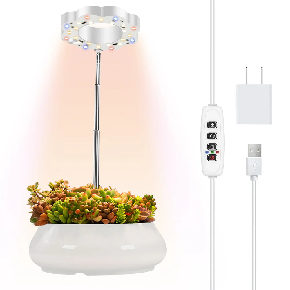 Potted Plants LED Grow Light - 5V | Full Spectrum | Auto On/Off Timer | Dimmable Brightness | Height Adjustable | Stake / Desk Base | Halo Plant Lamp for Indoor Plants Growing | USB Plug | 1 / 2 Pack