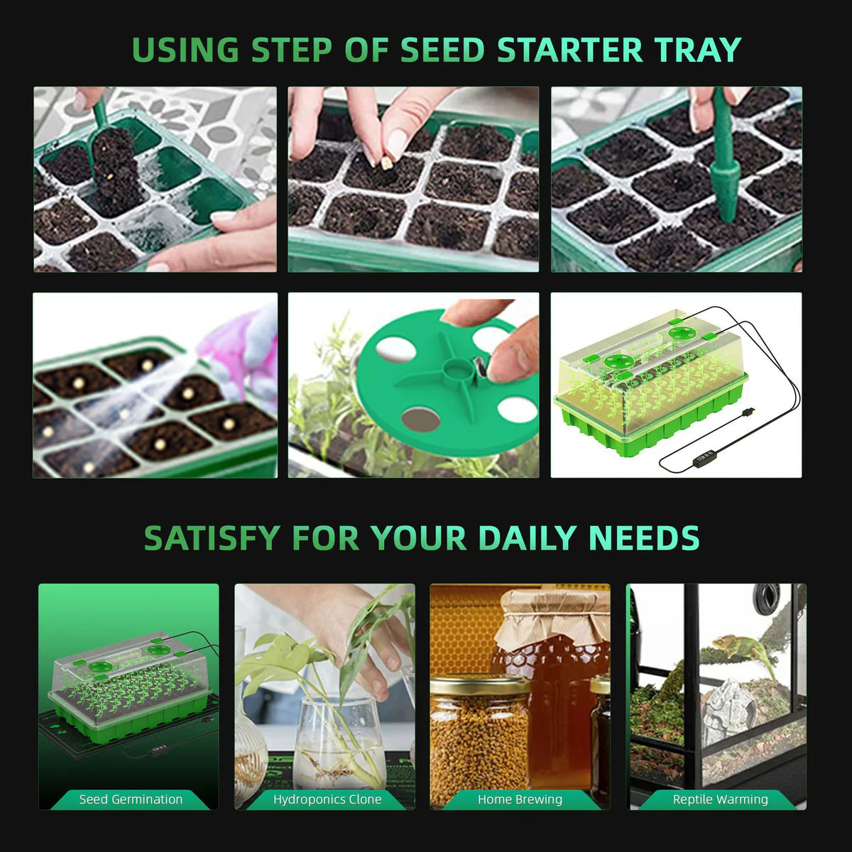 Seed Starter Tray with LED Grow Lights - 40-Cell | Full Spectrum LEDs | White & Blue Light / Red & Blue Light | Adjustable Brightness and Timer | USB Plug | for Indoor Plant Growing | 1 / 2 Pack