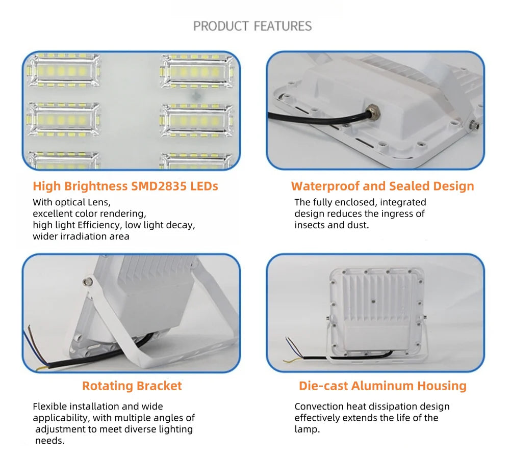 LightingWill FL-P Series LED Flood Light Outdoor 30W-400W IP67 SMD2835 High Brightness Floodlight 100-110LM/W Aluminum White Housing Hardwired Warm White Cool White 2/10-Pack