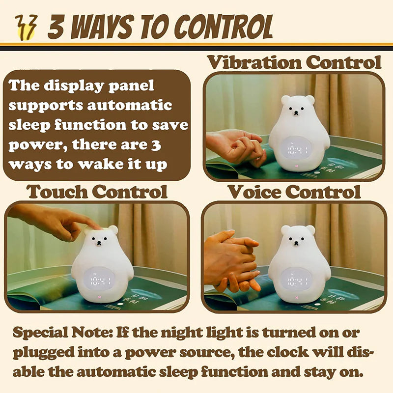 LightingWill Silicone Alarm Clock LED Night Light Rechargeable Baby Nursery Lamp Timer 3 Color Touch RGB Remote Control Sleep Light for Baby Kids Bedroom