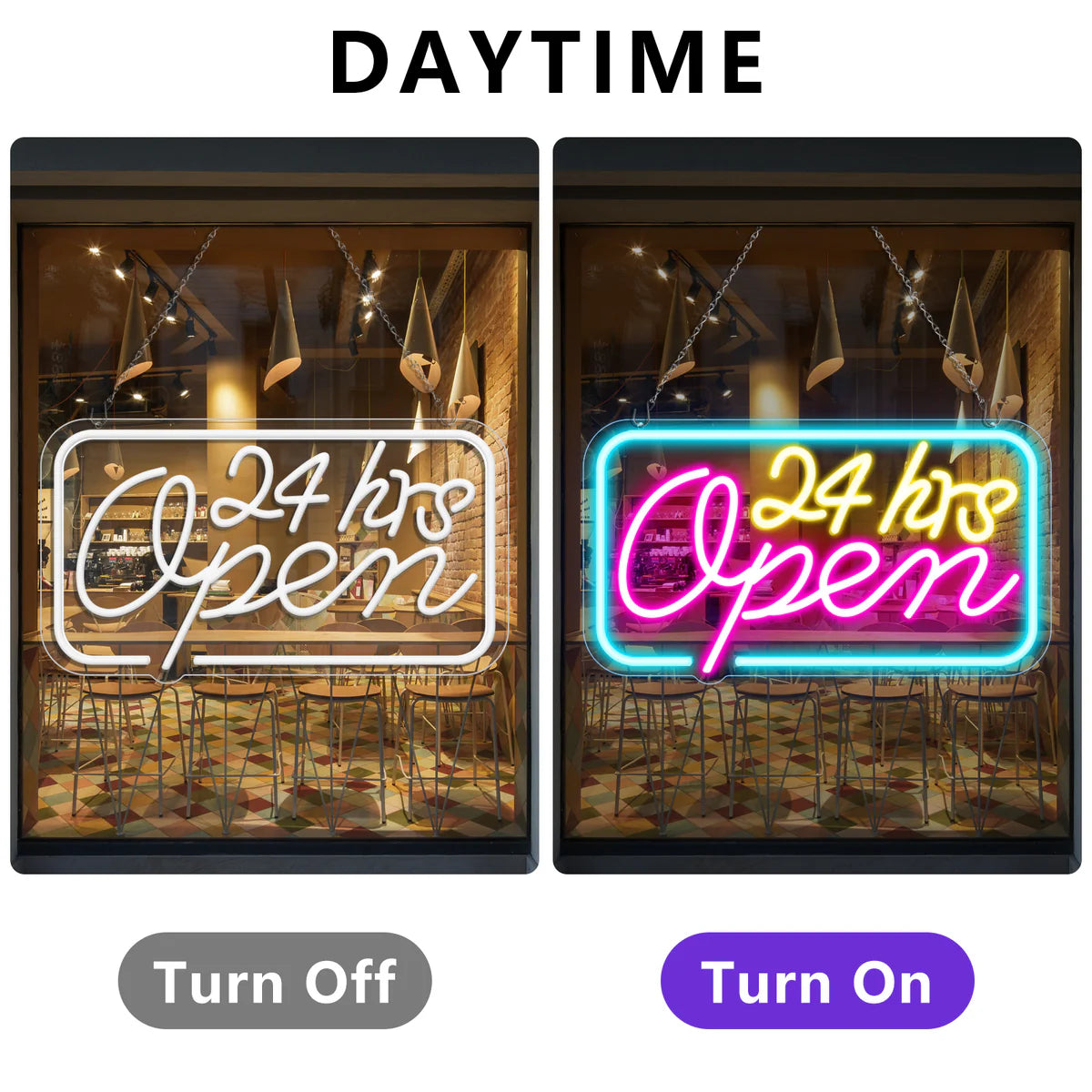 24hrs Open Neon Sign – 16×9 inch (40×23 cm) | Ice Blue, Yellow & Purple Glow | Window Hanging Light for 24 Hour Stores Plug & Play