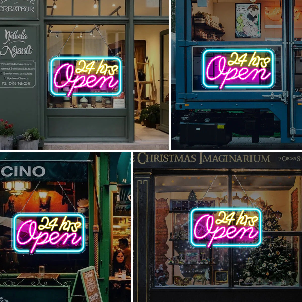 24hrs Open Neon Sign – 16×9 inch (40×23 cm) | Ice Blue, Yellow & Purple Glow | Window Hanging Light for 24 Hour Stores Plug & Play