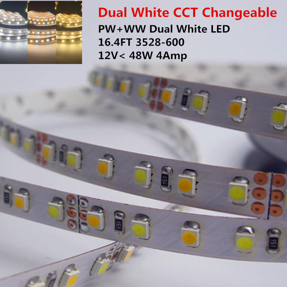 12 VDC <48 W 4 Ampere 16,4 Fuß (5 Meter) pro Rolle SMD3528-600 Dual White (Reinweiß + Warmweiß) LED-Farbtemperatur CCT Einstellbares flexibles LED-Streifenlicht 60 LED 9,6 Watt pro Meter Weißes PCB-Bandlicht