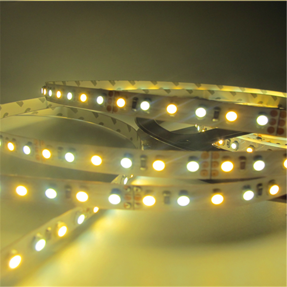 12 VDC <48 W 4 Ampere 16,4 Fuß (5 Meter) pro Rolle SMD3528-600 Dual White (Reinweiß + Warmweiß) LED-Farbtemperatur CCT Einstellbares flexibles LED-Streifenlicht 60 LED 9,6 Watt pro Meter Weißes PCB-Bandlicht
