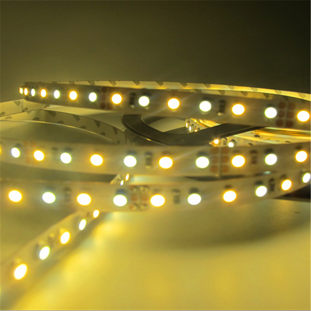 12 VDC <48 W 4 Ampere 16,4 Fuß (5 Meter) pro Rolle SMD3528-600 Dual White (Reinweiß + Warmweiß) LED-Farbtemperatur CCT Einstellbares flexibles LED-Streifenlicht 60 LED 9,6 Watt pro Meter Weißes PCB-Bandlicht