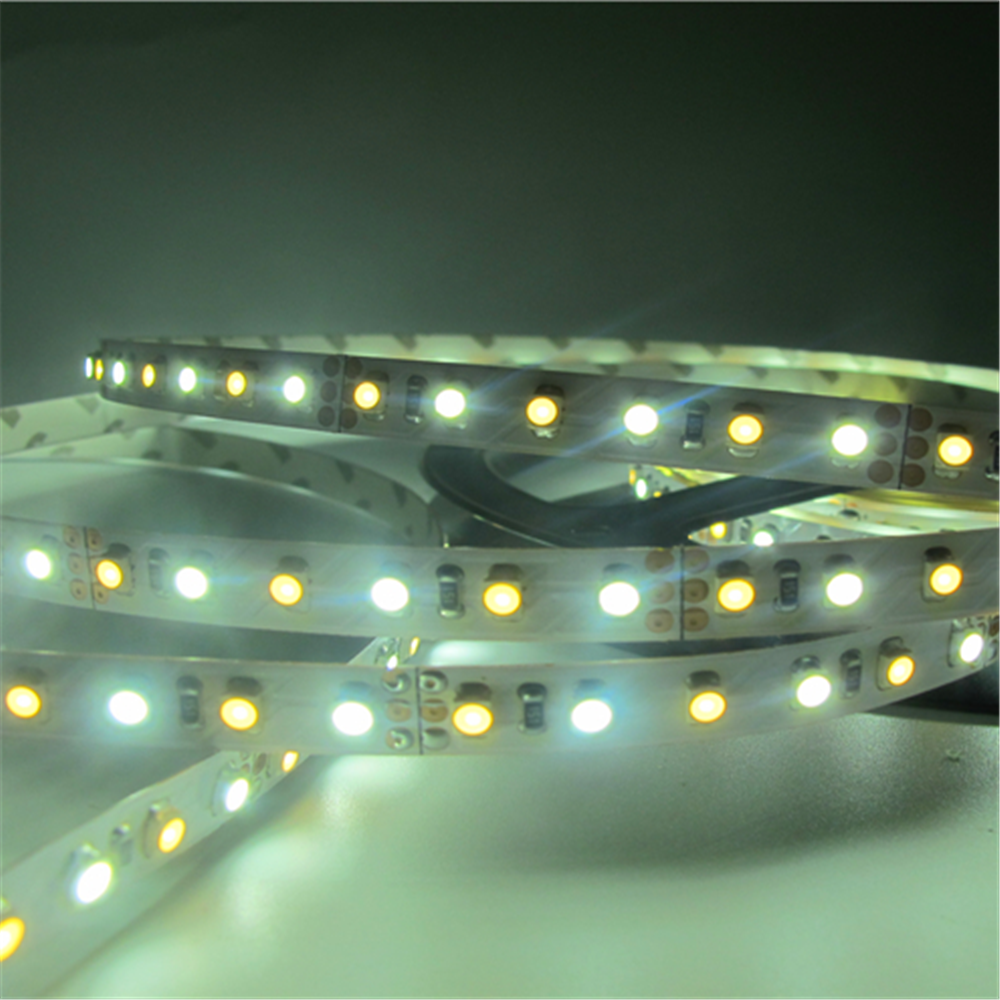 12 VDC <48 W 4 Ampere 16,4 Fuß (5 Meter) pro Rolle SMD3528-600 Dual White (Reinweiß + Warmweiß) LED-Farbtemperatur CCT Einstellbares flexibles LED-Streifenlicht 60 LED 9,6 Watt pro Meter Weißes PCB-Bandlicht