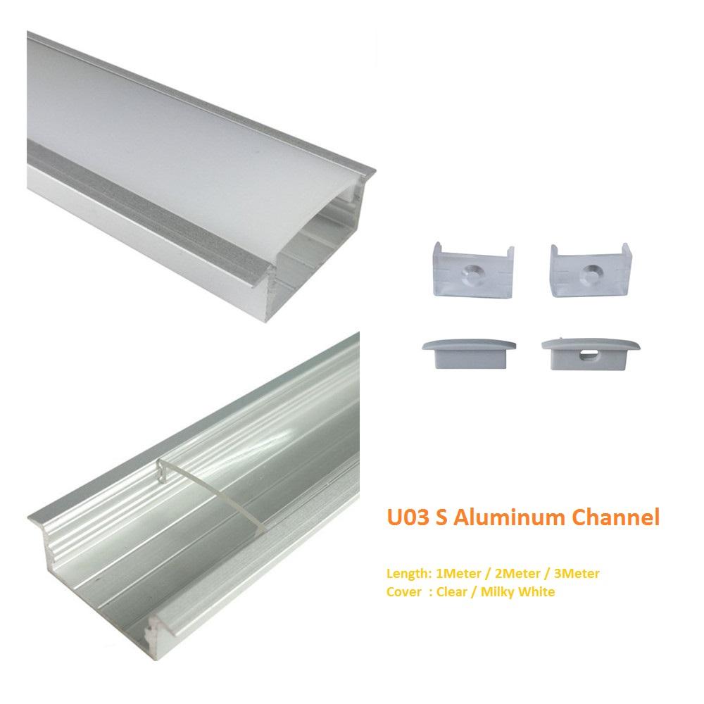 Silber U03 10 x 30 mm U-Form Innenbreite 20 mm LED-Aluminium-Kanalsystem mit Abdeckung, Endkappen und Befestigungsklammern Aluminiumprofil für LED-Lichtstreifeninstallationen