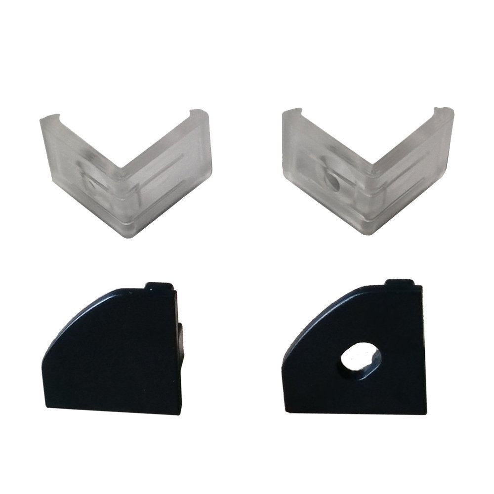 Schwarzer V03 18 x 18 mm V-förmiger LED-Aluminiumkanal mit 12 mm Innenbreite für Eckmontage mit klarer/milchig weißer Abdeckung, Endkappen und Befestigungsclips für flexible/harte LED-Lichtstreifen