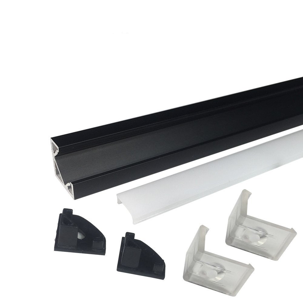 Schwarzer V03 18 x 18 mm V-förmiger LED-Aluminiumkanal mit 12 mm Innenbreite für Eckmontage mit klarer/milchig weißer Abdeckung, Endkappen und Befestigungsclips für flexible/harte LED-Lichtstreifen