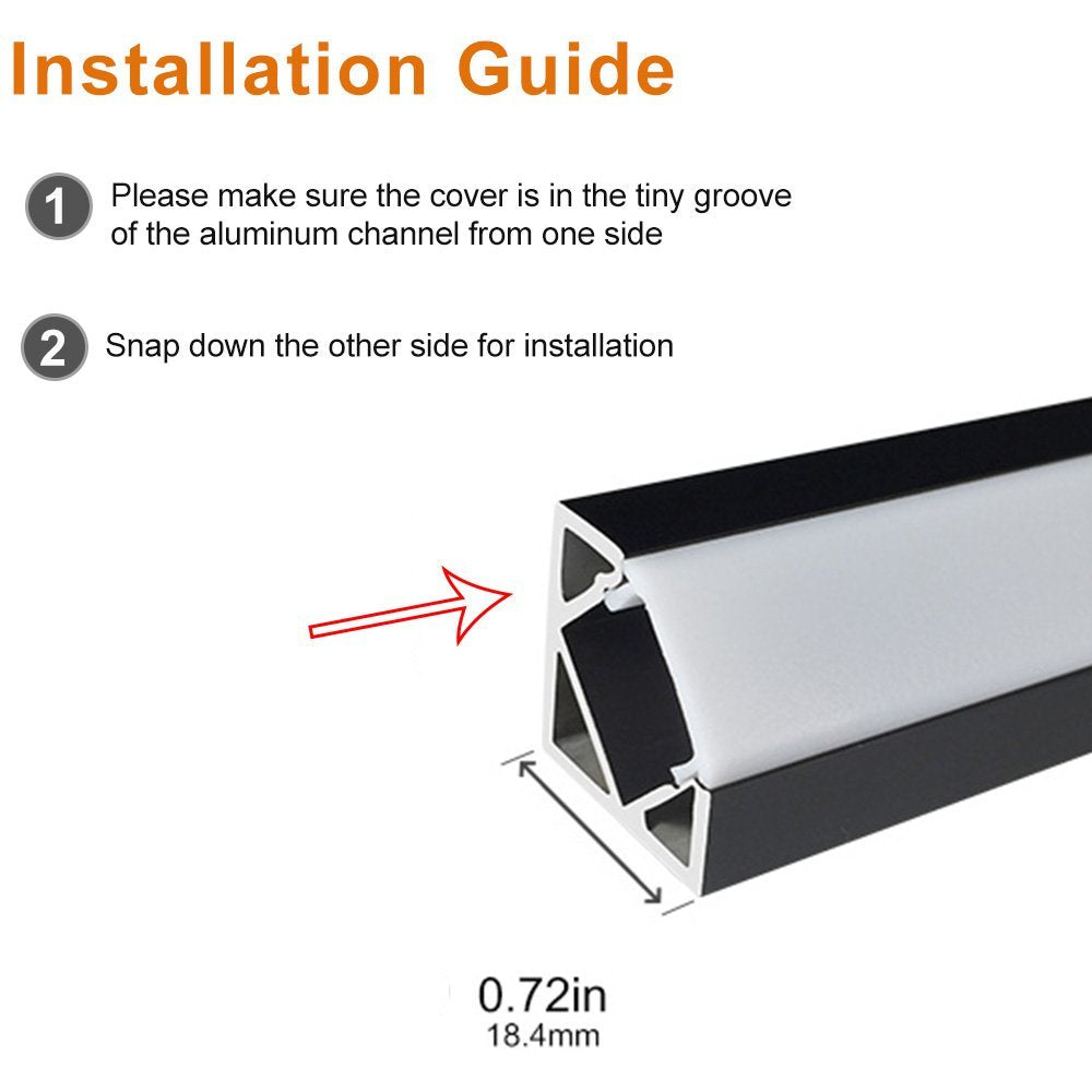 Schwarzer V03 18 x 18 mm V-förmiger LED-Aluminiumkanal mit 12 mm Innenbreite für Eckmontage mit klarer/milchig weißer Abdeckung, Endkappen und Befestigungsclips für flexible/harte LED-Lichtstreifen