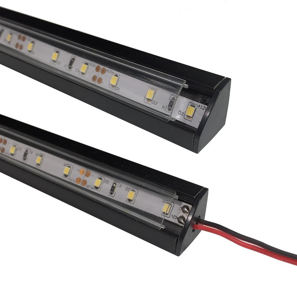 Schwarzer V03 18 x 18 mm V-förmiger LED-Aluminiumkanal mit 12 mm Innenbreite für Eckmontage mit klarer/milchig weißer Abdeckung, Endkappen und Befestigungsclips für flexible/harte LED-Lichtstreifen