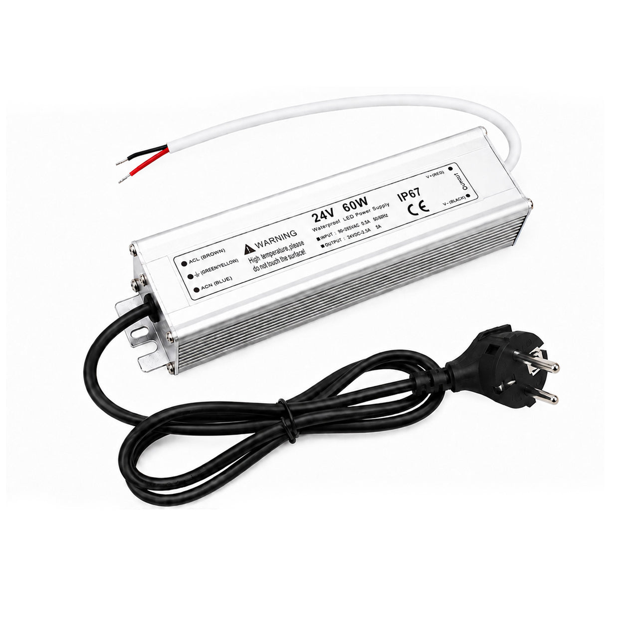 60W 12V/24V/36V/48V Waterproof LED Power Supply, 90-265V Input, Single Output, Aluminum Housing, Outdoor LED Lighting Driver, CE/RoHS/FCC Certified, US/UK/EU Plug