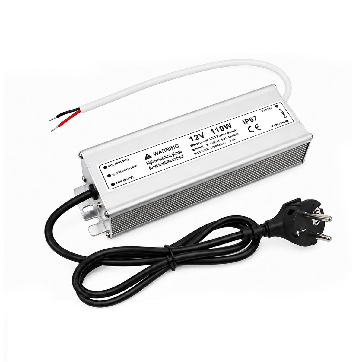 110W 12V Waterproof LED Power Supply, 90-265V Input, Single Output, Aluminum Housing, Outdoor LED Lighting Driver, CE/RoHS/FCC Certified, US/UK/EU Plug