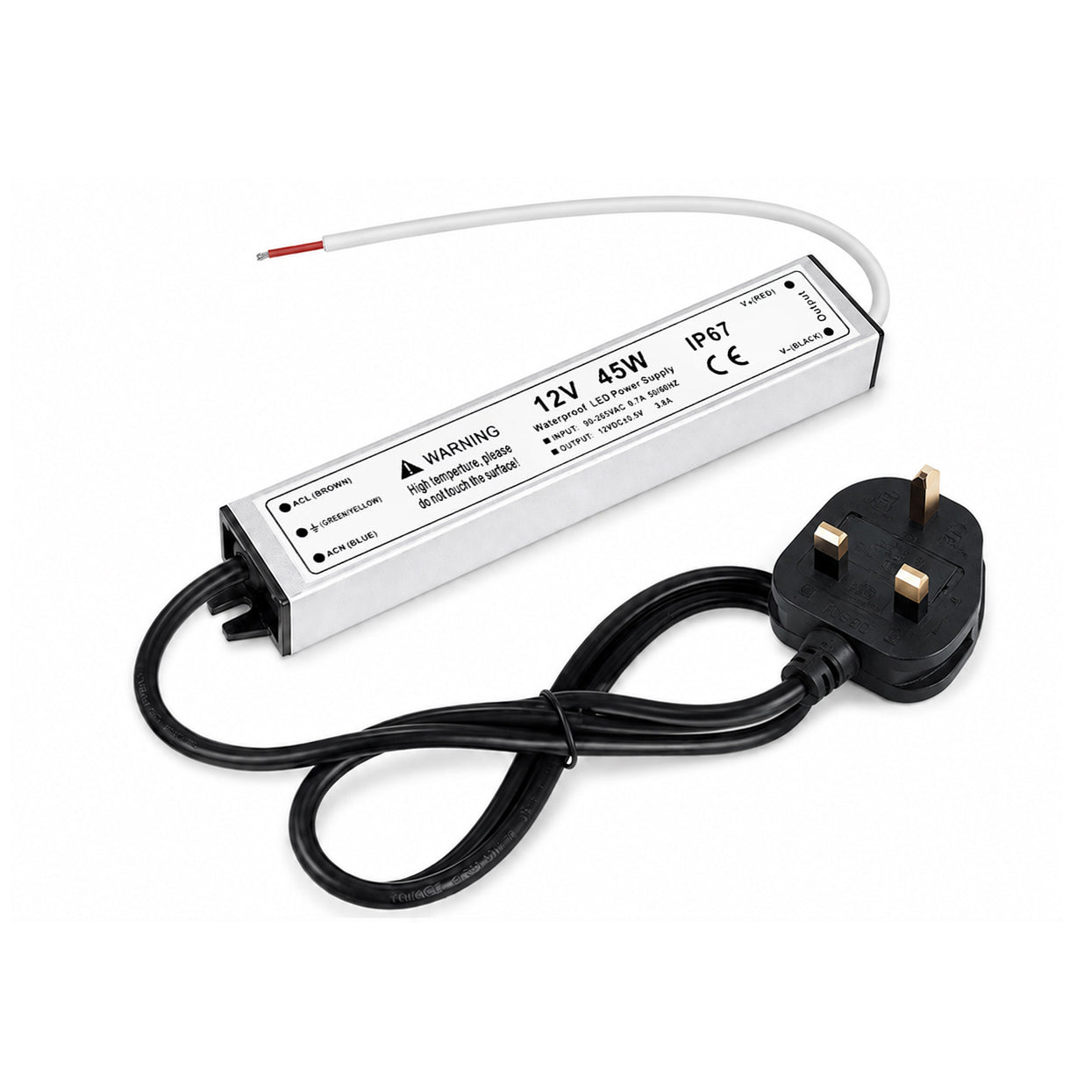 45W 12V Waterproof LED Power Supply, 90-265V Input, Single Output, Aluminum Housing, Outdoor LED Lighting Driver, CE/RoHS/FCC Certified, US/UK/EU Plug
