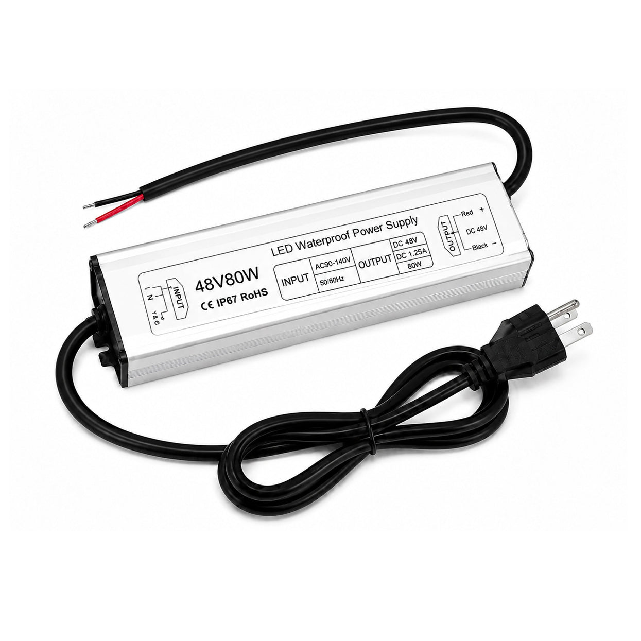 80W 12V/24V/36V/48V Waterproof LED Power Supply, 90-265V Input, Single Output, Aluminum Housing, Outdoor LED Lighting Driver, CE/RoHS/FCC Certified, US/UK/EU Plug
