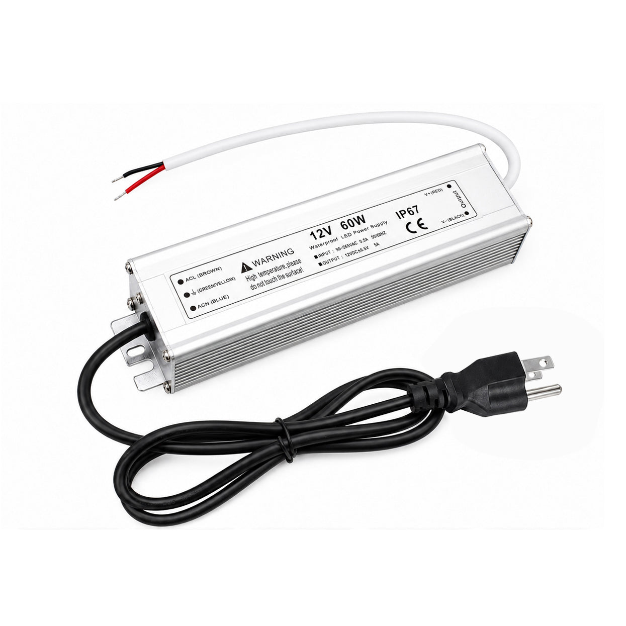 60W 12V/24V/36V/48V Waterproof LED Power Supply, 90-265V Input, Single Output, Aluminum Housing, Outdoor LED Lighting Driver, CE/RoHS/FCC Certified, US/UK/EU Plug