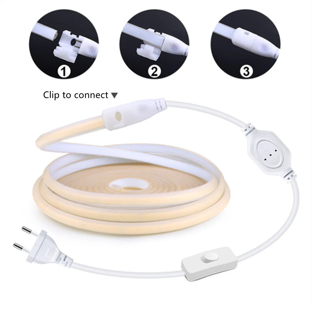 LightingWill AC110V/220V COB Flexible LED Strip Light 3000K/6500K, IP65 Waterproof High Brightness Spotless LED Tape with Inline Power Switch, for Cabinets, Kitchen and Office Lighting, US/EU Plug, 5/50M